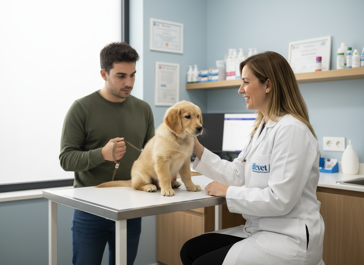 Firefly_Gemini Flash_Un veterinario realizando la primera visita a un paciente y su tutor. De fondo una cl 706398