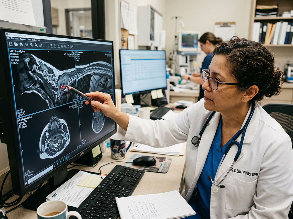 Firefly_GeminiFlash_Veterinario mirando resonancia de perro, plano cerca 129918